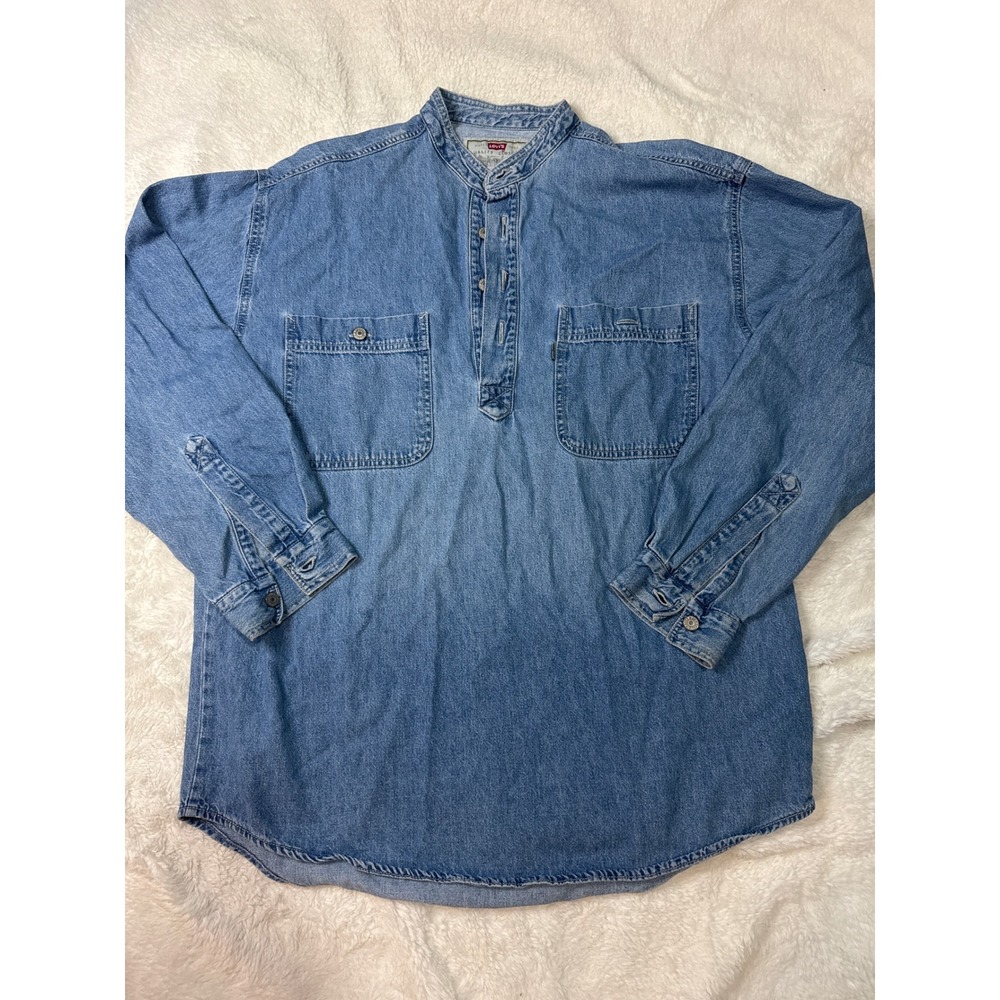 Levi's Denim Pullover Shirt Women Medium Blue Collar Henley 100% Cotton